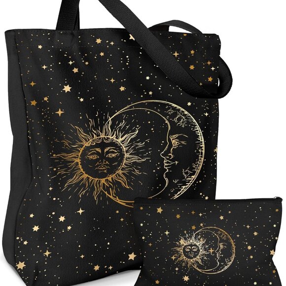 Handbags - Aesthetic 2 Pack Canvas Tote Bag - with Makeup Zipper Pouch for Women Bag for Sh